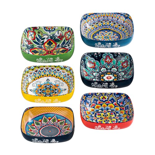 HENXFEN LEAD Boho Ceramic Square Bowls – 20 oz Colorful Bowls for Snacks, Dessert, Side Dishes, Pasta - 6 Inches Appetizer Plates Set of 6, Microwave & Dishwasher Safe - size: 20 Oz