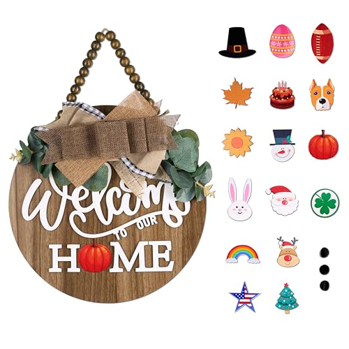 Interchangeable Welcome Door Sign with 16 Different Replaceable Patterns - 12" Round 3D Rustic Wooden Front Porch Decor, Artificial Leaves & Rustic Beads, Farmhouse/Classroom All Seasons Holiday (Christmas Halloween) Welcome Home Hanging Sign - color: Oak