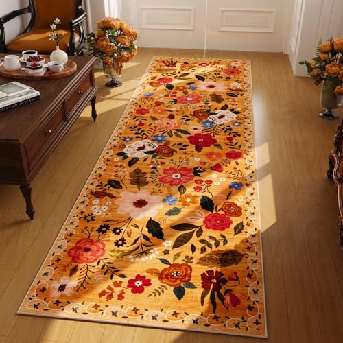 Rugcomf Runner Rug for Kitchen Rug Non Slip 2'x 6' Washable Rugs with Rubber Backing Soft Floral Carpet Runner for Hallways, Kitchen, Laundry, Bedroom, Bathroom(Yellow) - color: Yellow Orange, size: 2' x 6' (Rectangular)