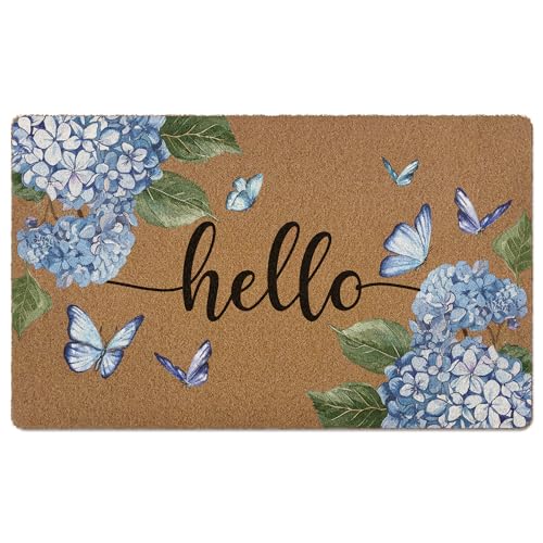 Blue Hydrangea Hello Door Mat, Floral Butterfly Artificial Coir Front Door Mat Indoor Outdoor Entrance, Welcome Farmhouse Summer Doormat Rug for Porch Entryway Patio Decor,17X30 Inch - color: Blue Hydrangea