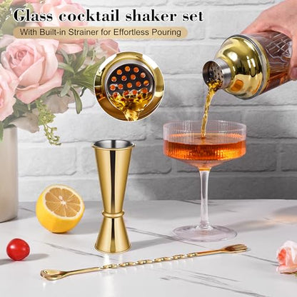 Glass Cocktail Shaker Set with Gold Lid,Cocktail Shaker Glass Kit with Built-in Strainer, Jigger, Bar Spoon & Muddler, Leakproof Glass Shaker for Home Bar, Cocktails, Martini, Gift(4-Piece)