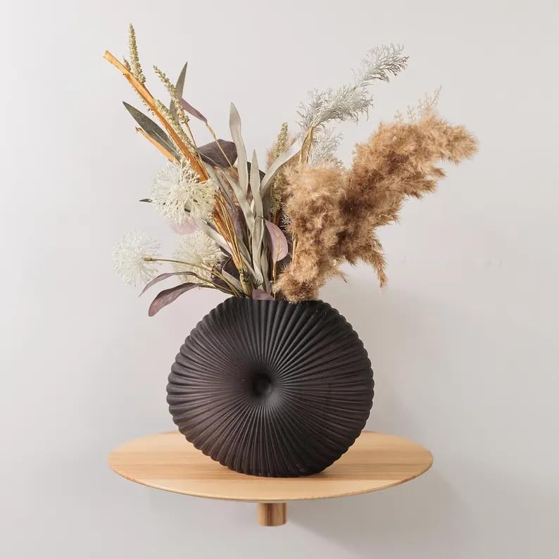 Modern Ribbed Ceramic Vase, Matte Black Donut-Shaped Decorative Vase, Minimalist Tabletop Flower Vase for Living Room Bedroom Office Shelf Decor, 6x6 Inch