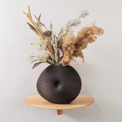 Modern Ribbed Ceramic Vase, Matte Black Donut-Shaped Decorative Vase, Minimalist Tabletop Flower Vase for Living Room Bedroom Office Shelf Decor, 6x6 Inch