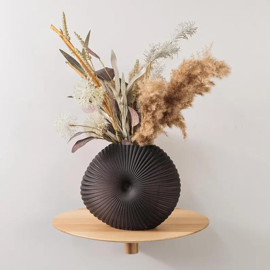 Modern Ribbed Ceramic Vase, Matte Black Donut-Shaped Decorative Vase, Minimalist Tabletop Flower Vase for Living Room Bedroom Office Shelf Decor, 6x6 Inch