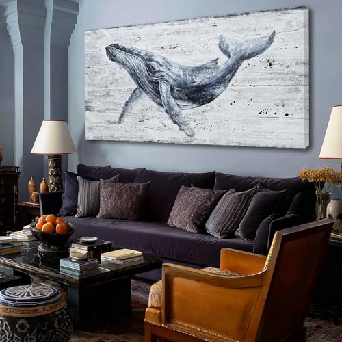ZUNARE Large Whale Wall Art Monochrome Canvas for Living Room 29x58 Inch - color: Blue, size: 58"L x 29"W