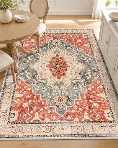 OLANLY 3x5 Washable Accent Rug, Soft Non Slip Carpet for Entryway Bedside | Brick Red Boho Vintage Floral Medallion Farmhouse Rug, Spill & Stain Resistant Low Pile, for Entryway Laundry Office Bedroom - color: Brick Red, size: 3' x 5' (Rectangular)
