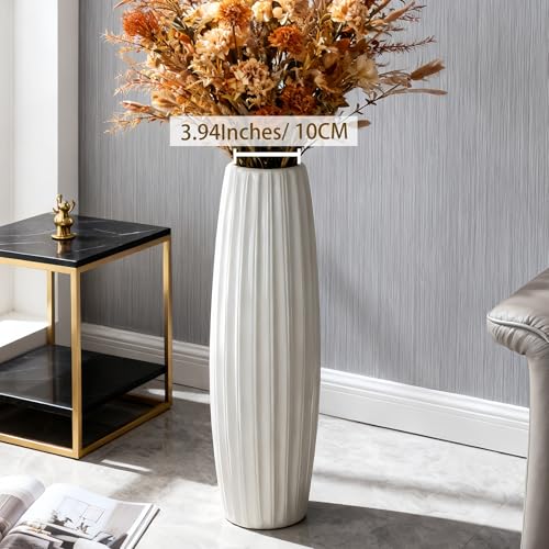 White Tall Ceramic Floor Vase, 24 Inch, Ribbed Drum Design | Glossy Glazed Finish, Living Room, Fireplace, Entryway, Pampas Grass - color: Vertical Stripes, size: Height-24 Inch