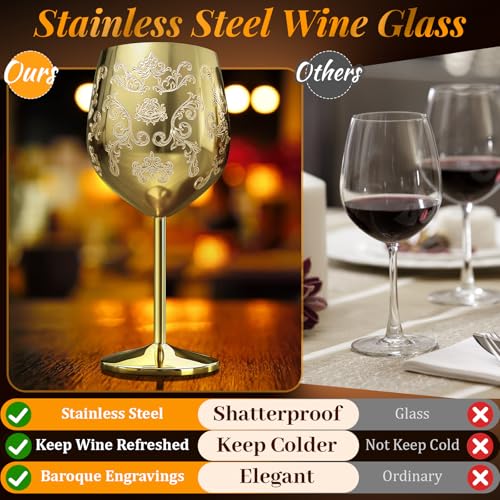 Lifecapido Stainless Steel Wine Glasses Set of 2, 18oz Etched Gold Wine Goblets, Unique Wine Glasses with Intricate Baroque Engravings for Party Wedding Anniversary - color: Gold