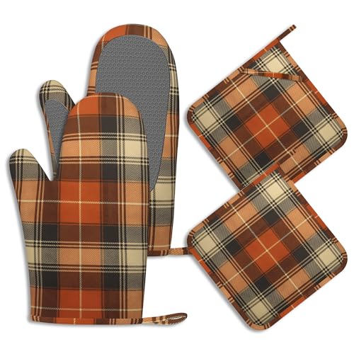 Brown Buffalo Plaid Oven Mitts and Pot Holders Retro Check Silicone Kitchen Accessories Set of 4 Heat Resistant Non-Slip Long Gloves Potholder for Chef Cooking Baking Gifts Women Men - color: Brown Buffalo Plaid,retro Check