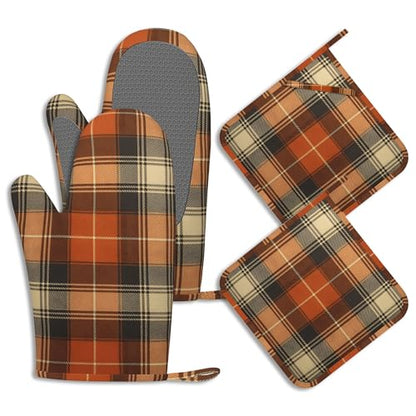 Brown Buffalo Plaid Oven Mitts and Pot Holders Retro Check Silicone Kitchen Accessories Set of 4 Heat Resistant Non-Slip Long Gloves Potholder for Chef Cooking Baking Gifts Women Men - color: Brown Buffalo Plaid,retro Check