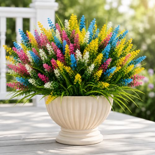 Geegoods 24 Bundles Artificial Lavender Flowers Outdoor, Mix 4 Colors | UV Resistant Faux Plants in Light Blue, White, Pink, Yellow, Realistic Fake Outdoor Flowers for Garden Porch Window Box Decor - color: Mix 4 Colors, size: 24PCS