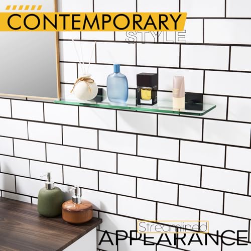 KOKOSIRI Bathroom Shelves Wall Mounted Tempered Glass Floating Shelf 20-Inch Kitchen Hanging Rack Shower Storage, Matte Black Stainless Steel B1107BK-L20 - color: Matte Black, size: 20-Inch