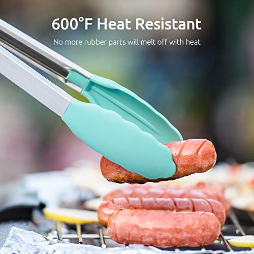 U-Taste 600℉ Heat Resistant Food Grade Non Stick Firm Cooking Tongs Set of 3, and 600ºF Heat Resistant 11.38in Flexible Non-Stick Spatula & Spoon Spatula Set of 2 (Aqua Sky)