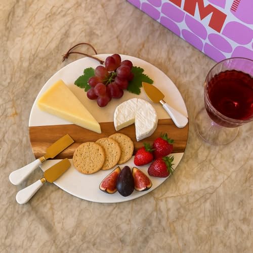 Marble Charcuterie Board Gift Set – 12" Round Cheese Board with 3 Gold Stainless Steel Knives, Leather Strap & Gift Box | Housewarming Gifts for Women, Bridal Shower, Wedding & Hostess Gift