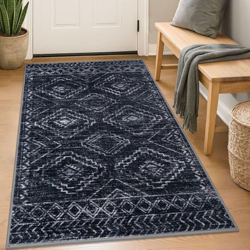 KILOCOCO Small Area Rug 3'x5' Entryway Rug Washable Rugs, Blue-Black | Non Slip Entry Rug, Low Pile Kitchen Rugs, Printed Geometric Small Rugs for Living Room Bedroom, Soft Door Rug - color: Black/Navy/White, size: 3' x 5' (Rectangular)