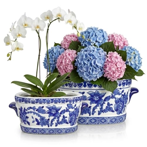 Blue and White Ceramic Planter Pot – Vintage Floral Oval Cachepot Vase for Indoor Plants, Flowers & Succulents – Glazed Chinese Porcelain Style Decorative Bowl – 7.4" or 10.6" Size – No Drainage - size: 7.4" & 10.6"