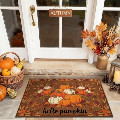 Pumpkins Welcome Door Mat, Rustic Seasonal Leaf Text Fall Orange Skid Resistant Decorative Doormat Entryway Decor for Front Porch Bathroom Office 29x17 Inch