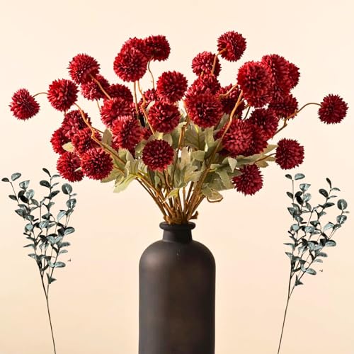 Faux Burgundy Flowers Artificial 10 Long Stems + Eucalyptus, Winter Decor | Wine Colored Silk Mum Flowers for Decor, Fall Autumn Floral Table Centerpieces, Dark Red Faux Mums - color: Burgundy