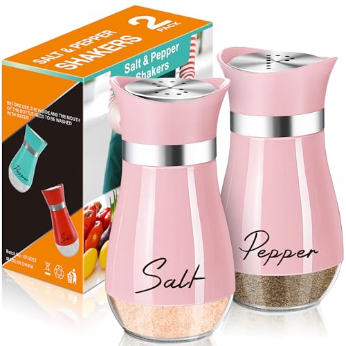 Salt and Pepper Shakers - 4 oz Pink Glass Set with Stainless Steel Lids | Refillable Glass Shakers with Stainless Steel Lids for Cooking, Dining, RV Trips, Camping and BBQs; 4 oz Capacity Each. - color: Pink