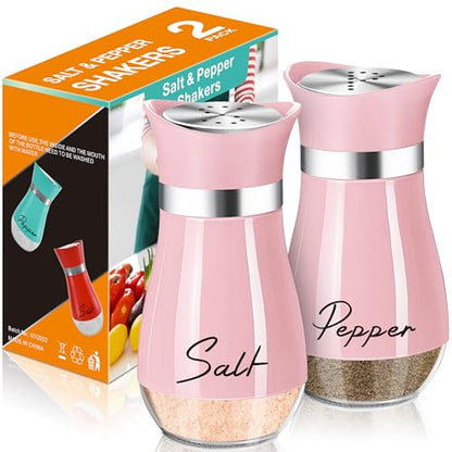 Salt and Pepper Shakers - 4 oz Pink Glass Set with Stainless Steel Lids | Refillable Glass Shakers with Stainless Steel Lids for Cooking, Dining, RV Trips, Camping and BBQs; 4 oz Capacity Each. - color: Pink