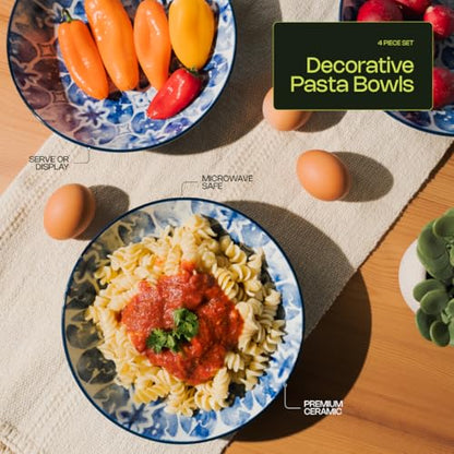Pasta Bowls Set of 4 – Wide Ceramic Bowls for Pasta, Salads & Noodles | Elegant Serving Bowls for Everyday Use | Microwave & Dishwasher Safe Dinnerware Set