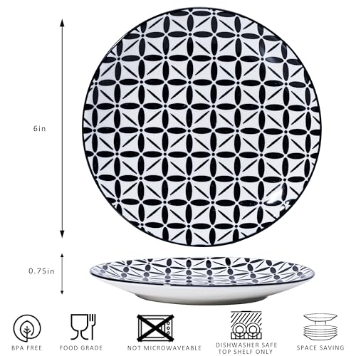 LEHAHA Ceramic 6'' Appetizer Plates Set of 6, Small Dessert/Salad Plates, Black Round Serving Plates, Porcelain Dinnerware Dishes for Cake, Waffle, Pasta,snacks, cookie, Microwave & Dishwasher Safe - color: Black/White