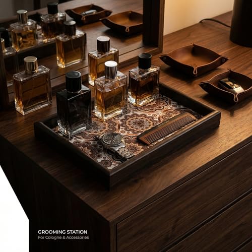 Wooden Valet Tray with Leather Base - Nightstand Catchall Organizer for Cologne, Perfume, Keys, Wallet, Phone, Watch, Jewelry & Sunglasses (Bohemian) - color: Bohemian