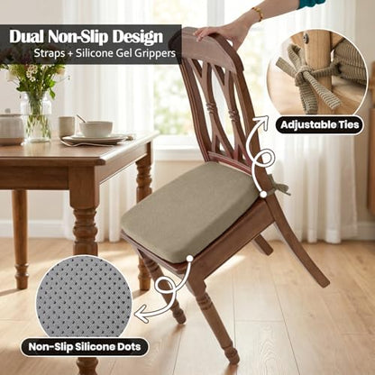 Dining Chair Cushions, Khaki, 17"x16", Set of 2 | 2'' Thick Cooling Gel High-Density Foam, Ties and Non-Slip Bottom, Removable Washable Cover, For Dining and Kitchen - color: Khaki, size: 2 Count (Pack of 1)