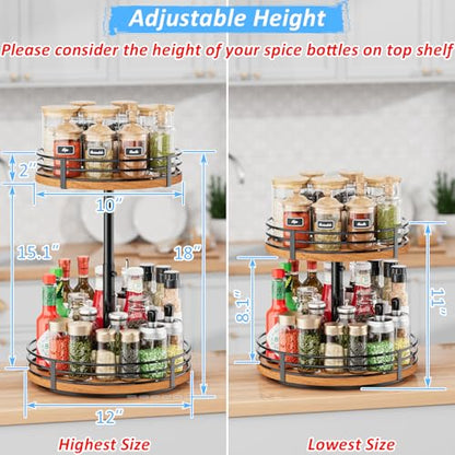 Lazy Susan Turntable Organizer Adjustable - 2 Tier Wood Rotating Spice Rack 12 Inch Lazy Susan for Kitchen Countertop Cabinet Pantry Cupboard Dining Table Bathroom Coffee Bar Home Storage - size: 12 inch 2 Tier
