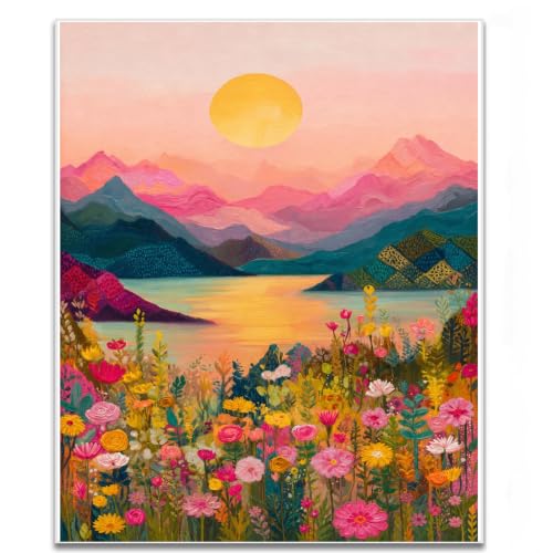 Boho Landscape Art Print Wildflower Sunset Painting 16x24 Inch Unframed | Abstract Floral Art Print Boho Landscape Art Print for Living Room Bedroom Restaurant Home Apartment Dormitory - color: Portrait+BEDROOM+22+Unframed, size: 24"L x 16"W