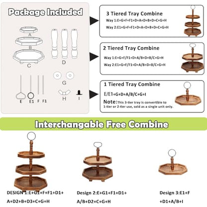 MRPAPA Tiered Tray Stand Wood Tier Serving Tray, Three Decorative Trays, Wooden Cupcake Stand 3 Tiered Farmhouse Trays for Home Decor(L 13.8” W 12.5” H 21.8”)