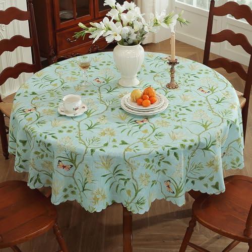 Round Waterproof Tablecloth Linen Textured Table Cloth,Stain and Wrinkle Resistant Washable Fabric Table Cover for Dining, Party, Camping and Outdoor,60Inch, Green Leaves - color: Green Leaves, size: 60" (Round)