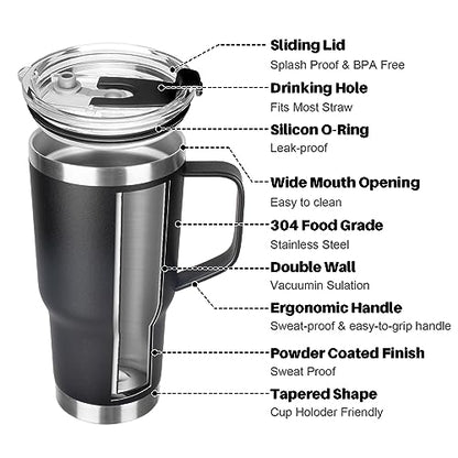 20 oz Tumbler with Handle, Stainless Steel Insulated Tumbler with Lid and Straw, Double Wall Vacuum Coffee Mug Tumbler, Insulated Coffee Thermal Cup for Cold and Hot (Black) - color: Black, size: 20 Ounces