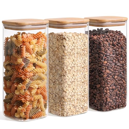 ComSaf Glass Storage Containers wtih Lids 1.9 Qt, Set of 3 Food Storage Jar | Pantry Storage Containers, Glass Jar, Square Canisters, Bamboo Lid with Silicone Seal, Cookie, Cereal, Coffee, 61oz, BPA Free - size: 1.9Qt*3
