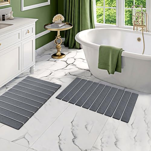 2 Pack Stone Bath Mats Foldable Non-Slip Quick Dry Bathroom Rugs | Gray Super Absorbent Diatomaceous Earth. Folds Flat for Compact Storage. Easy to Clean. Sandpaper Included for Stain Removal - color: Grey, size: 2× Rug 15×24" + 2× Non-slip Mat