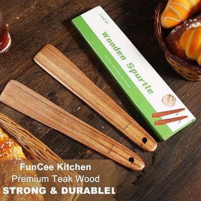 2 Pack Teak Wood Spatula, 12 Inch Wooden Spoons for Cooking, Sourdough Starter, Flat Steak Turner, Dough Whisk Spurtle Baking Utensil, Heat Resistant Spatulas for Cast Iron Flipping, stirring, Turning - size: Flat Spatulas