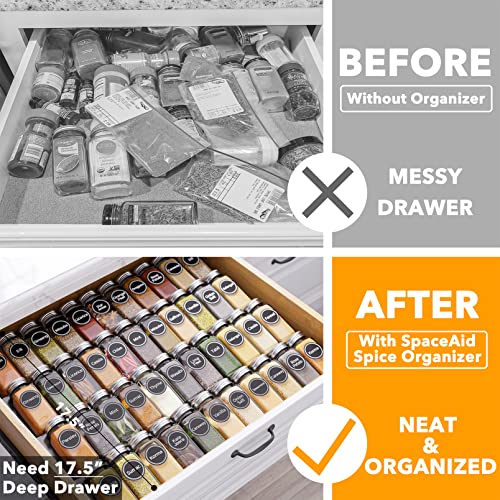SpaceAid Spice Drawer Organizer with 44 Spice Jars, 386 Spice Labels, 4 Tier Seasoning Rack Tray Insert for Kitchen Drawers, 20.25" Wide x 17.5" Deep - size: 44 Jars, 20.25" Wide