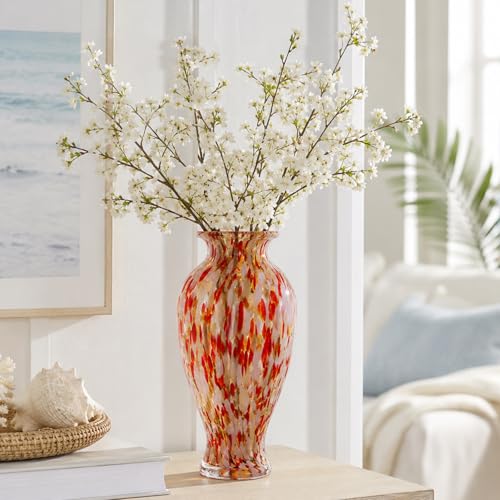 11.8" Tall Glass Vase Beautiful Hand Blown Glass Vase Modern Art Home Decor, Wide Mouth Colorful Vases for Mantle Dining Table Centerpiece, Entryway Living Room Wedding Decoration (Cream Red Swirl) - color: Cream Red Swirl