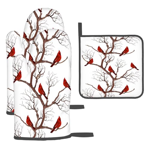 Winter Cardinal Birds Oven Mitts and Pot Holders Sets of 3 Hot Pads | Heat Resistant Washable Oven Gloves for Cooking Grilling Baking Christmas Holiday Kitchen Decor Cardinal Gifts for Women - color: Birds Cardinal