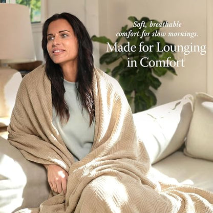 Threadmill Luxury Cotton Blankets for Queen Size Bed | All-Season 100% Cotton Queen Size Blanket | Herringbone Cozy, Soft Breathable Fall Thermal Blanket fits Full Size Bed, 90x92 | Beige | 100% Cotton, Herringbone Pattern, 90x92 in, Breathable, Moisture-