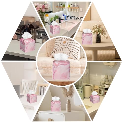 Pink Liquid Marble Tissue Box Cover Square, Tissue Box Holder with Bottom Belt Leather Facial Paper Organizer Dispenser for Bathroom Bedroom Dresser Night Stand Tabletop - color: Pink Liquid Marble