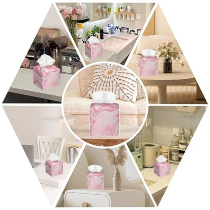 Pink Liquid Marble Tissue Box Cover Square, Tissue Box Holder with Bottom Belt Leather Facial Paper Organizer Dispenser for Bathroom Bedroom Dresser Night Stand Tabletop - color: Pink Liquid Marble