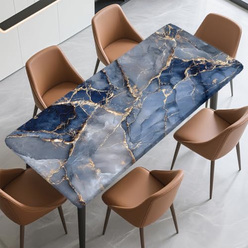 Rectangle Fitted Tablecloth with Elastic Edge for 8 Foot Tables | Polyester Waterproof Table Cover Stain-Resistant Wipeable Table Cloth for Dining, Camping, Outdoor Lndoor 96" x 30" - color: Blue Marble, size: 96" x 30" (Rectangular)