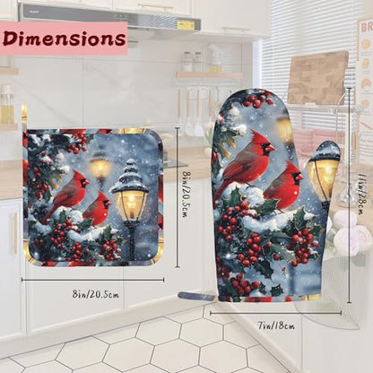 Christmas Berries Heat-Resistant Silicone Oven Mitts and Pot Holder 4 Piece Set,Cardinal Non-Slip Kitchen Oven Gloves for Baking, BBQ, Cooking,Grilling - color: Christmas Berries Cardinal