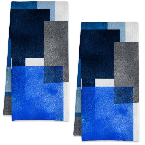 Abstract Blue Geometric Grid Hand Towels for Bathroom Set of 2,Soft Absorbent Waffle Weave Kitchen Towels Dish Towel,Decorative Bathroom Towel for Kitchen Yoga Home Decor 16X24 Inch - color: Abstract Blue Geometric Grid