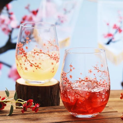 Sliner 2 Pack 17oz Cherry Blossom Stemless Wine Glasses Floral Drinking Glasses Cherry Blossom Tumbler Cups for Wedding Birthday Gift Parties Supplies - style: Cherry Blossom