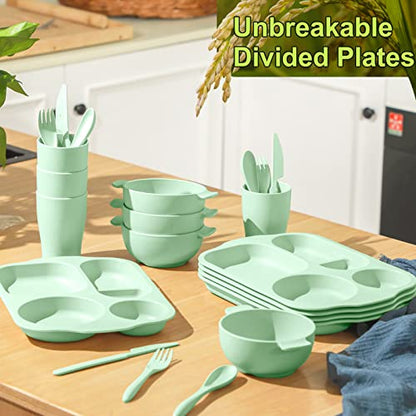 Honoson 24 Pcs Wheat Straw Dinnerware Cutlery Set, Service for 4, Unbreakable Plates and Bowls Set - Divided Plates, Bowls, Spoons, Forks & Knives, Microwave & Dishwasher Safe(Green) - color: Green