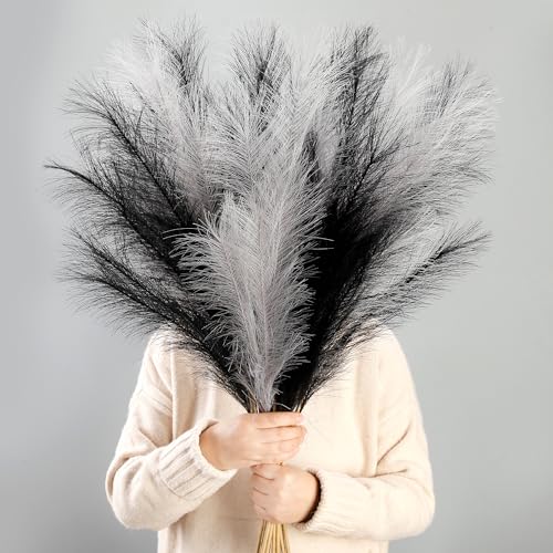 38" Black and Gray Pampas 12PCS Large for Floor Vase Filler Decor | Tall Fluffy, Fake Pompas Floral,Artificial Pompous Grass, for Floor Vase Filler Home Boho Decoration - color: Black&gray
