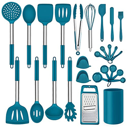LIANYU 27 PCS Kitchen Utensils Set with Holder, Silicone Cooking Utensils Spatula Set with Stainless Steel Handle, Kitchen Cooking Gadgets Tools for Nonstick Cookware Set, Heat Resistant, Blue - color: Blue