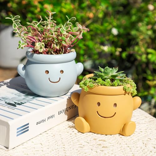 Cute Face Planter Pot, Small Resin Head Planters for Indoor Plants, Funny Smiling Face Flower Pot Succulent Planter with Drainage Hole, Gift IdeaI for Birthday Christmas (Blue) - color: Blue